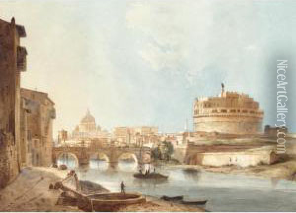 View Of The Castel Sant' Angelo And St Peter's, Rome Oil Painting - Ippolito Caffi