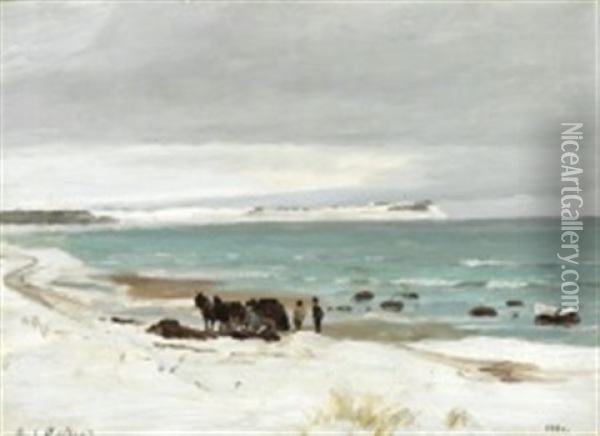 Winter Day At Hornbaek With Men Collecting Seaweed Oil Painting - Carl Ludvig Thilson Locher