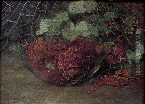 Still Life Of Berries In Clear Glass Bowl And Green Leaves Oil Painting - Charles Porter