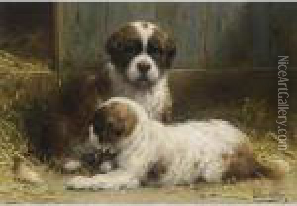 Two Saint-bernard Puppies Oil Painting - Otto Eerelman