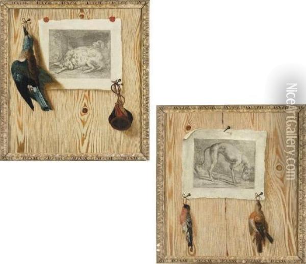 A Trompe L'oeil Still Life With Dead Game And Hunting Pouch Pinned To An Engraving On A Faux Boiserie Ground; And Another Similar Oil Painting - Antonio Mara Lo Scarpetta