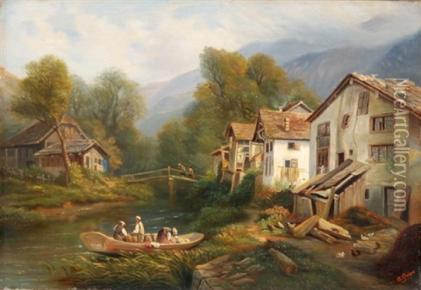 Geschaftiges Treiben Bei Den Hausern Am Fluss Oil Painting - Charles Louis Guigon