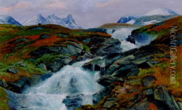 Norsk Bjerglandskab Med Brusende Elv Oil Painting - Haakon Jensen Kaulum