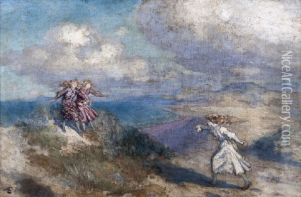 Three Girls Playing In The Sand Dunes, Donegal Oil Painting - George Russell