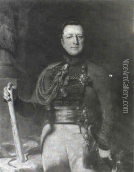 Portrait Of The 8th Earl Of Dalhousie Standing Three        Quarter Length In Staff Officer's Dress, In His Left Hand Oil Painting - John Watson Gordon
