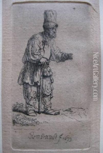 Peasant In A High Cap Leaning On A Stick Oil Painting - Rembrandt Van Rijn