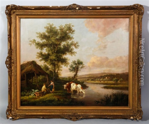 River View With Cows And Young People By A Thatched Roof House Oil Painting - Henry Milbourne