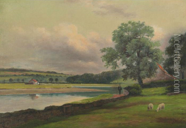 River Landscape With Wayfarer And Sheep Oil Painting - James Wallace