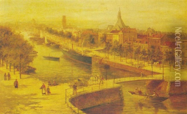 A View Of Rotterdam With The Boompjes Canal And Saint       Laurent's Church In The Background Oil Painting - William Raymond Dommersen