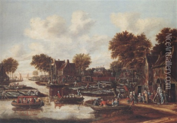 A Village And Bleaching Grounds On The Banks Of A River Oil Painting - Thomas Heeremans