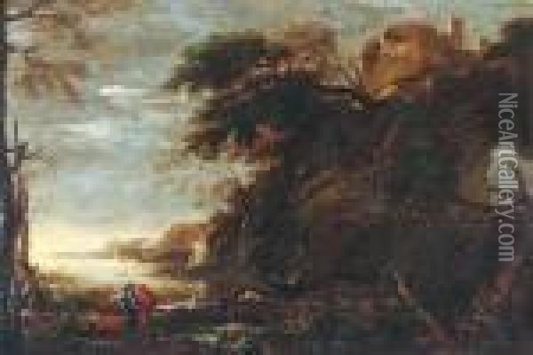 Landschaftmit Felsbogen Und Wanderern Oil Painting - Salvator Rosa