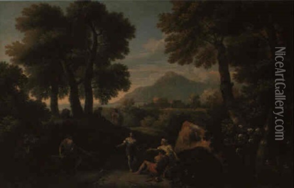Classical Landscape With Figures Conversing On A Path Oil Painting - Jan Frans van Bloemen