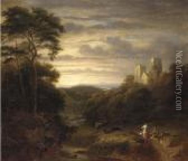 A Family Resting On A Track, An Abbey In An Extensive Landscape Beyond Oil Painting - George, of Chichester Smith