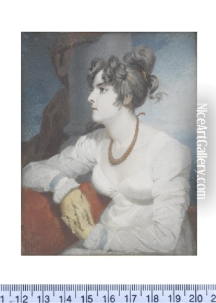The Artist's First Wife Jenny, Seated On A Red Sofa Before A Classical Column And Red Drapery, Profile To The Left, Wearing Long Sleeved White Dress Oil Painting - Andrew Robertson