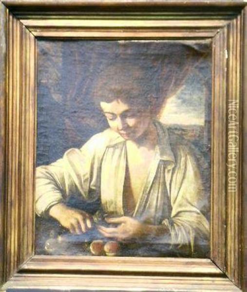 Boy Cutting Fruit Oil Painting - Annibale Carracci