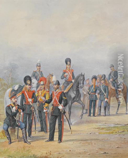 A Group Of Officers And Men Of The Life Guards Dragoon Regiment Oil Painting - Piotr Ivanovich Balashov