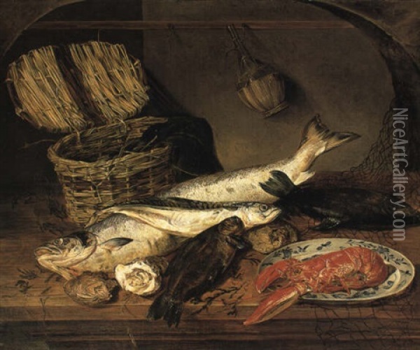 Still Life With Fish, Basket And Wine Bottle Oil Painting - Emily Coppin Stannard