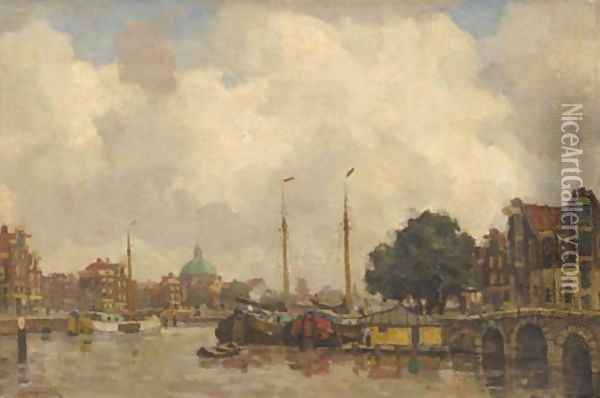 View of the Singel, Amsterdam, with the Koepelkerk beyond Oil Painting - Frans Langeveld