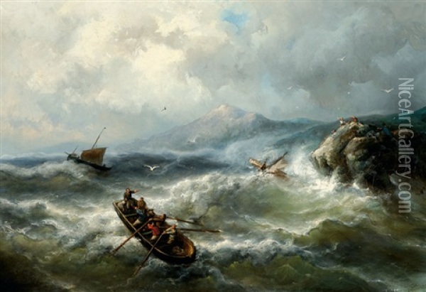 Men In A Barge And Shipwrecked People On A Rock Off A Coast Oil Painting - Nicolaas Riegen