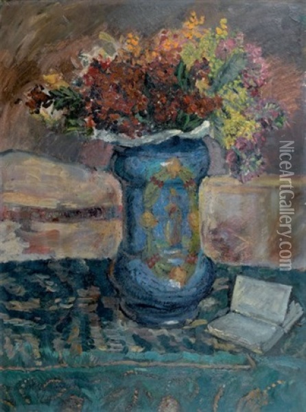 Bouquet De Fleurs Sur Une Table Oil Painting - Georges Dufrenoy