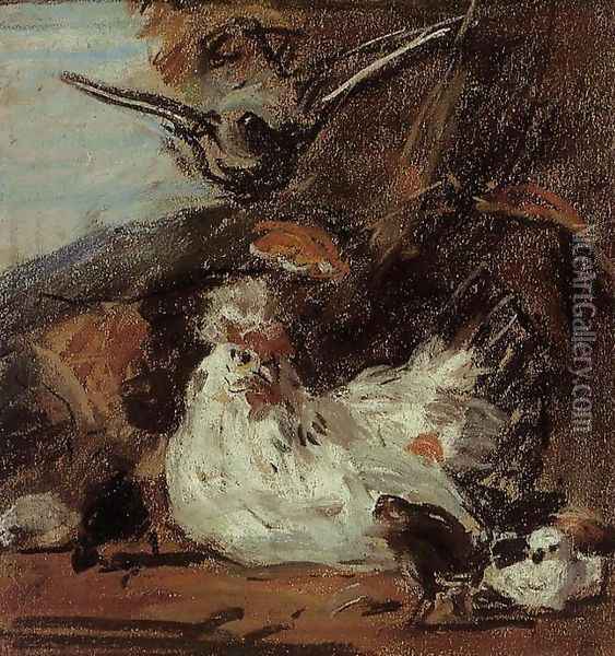 A Hen and Her Chicks (after Melchior d'Hondecoeter) Oil Painting - Eugene Boudin