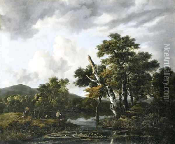 A wooded river landscape with figures on a bank Oil Painting - Jacob Van Ruisdael