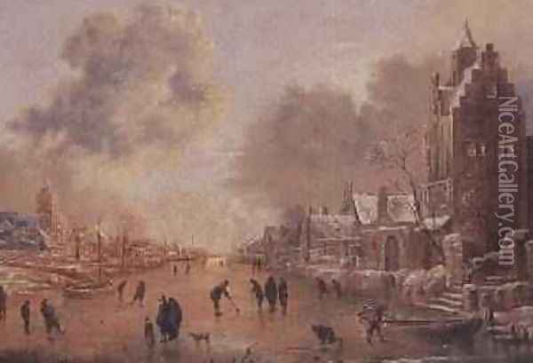 A Canal in Winter Oil Painting - Aert van der Neer
