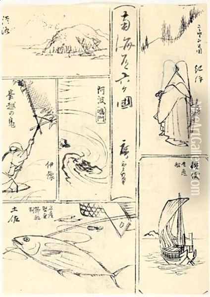 Nankaido Rokkakoku. Six Provinces De La Route De La Mer Du Sud. Dessins Preparatoires Pour Une Estampe Harimaze Oil Painting - Utagawa or Ando Hiroshige