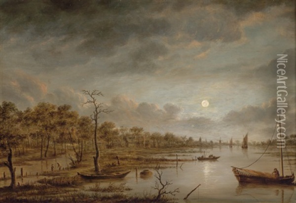 Eine Flusslandschaft Mit Fischerbooten Bei Abendstimmung Oil Painting - Aert van der Neer