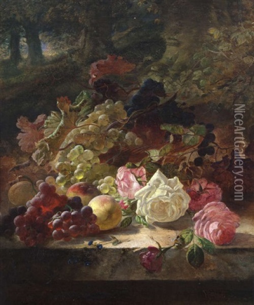 Still Life Of Fruit And Flowers In Woodland Setting Oil Painting - Joseph Denovan Adam