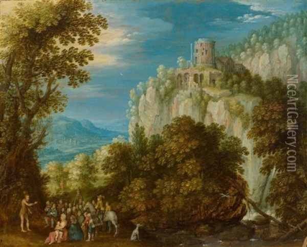 Landscape With St John The Baptist Preaching, With The Temple Of The Sibyl At Tivoli In The Background Oil Painting - Marten Ryckaert