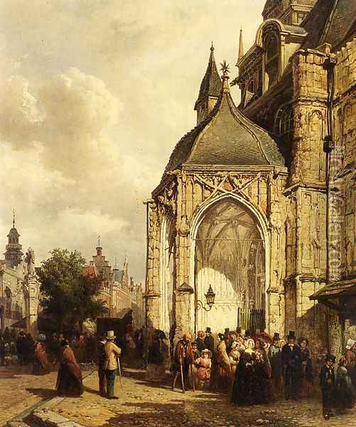 Figures At The Entrance Of The St. Stevens Church, Nijmegen Oil Painting - Elias Pieter van Bommel