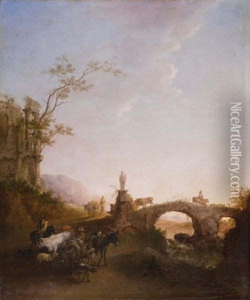 Ruinenlandschaft Mit Landvolk Und Weidevieh Oil Painting - Johann Christian Brand
