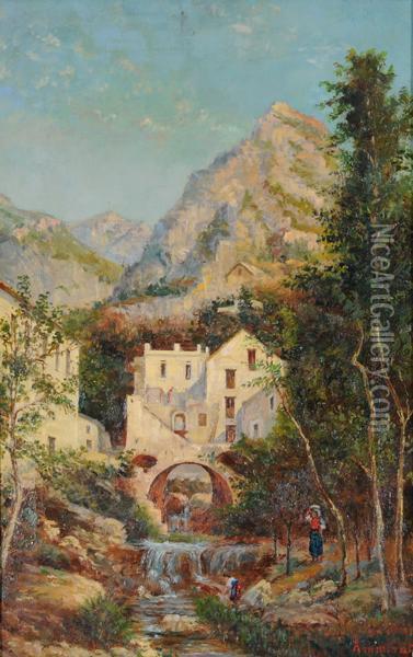 Paesaggio Con Torrente, 
Casolari E Lavandaie Oil Painting - Domenico Ammirato