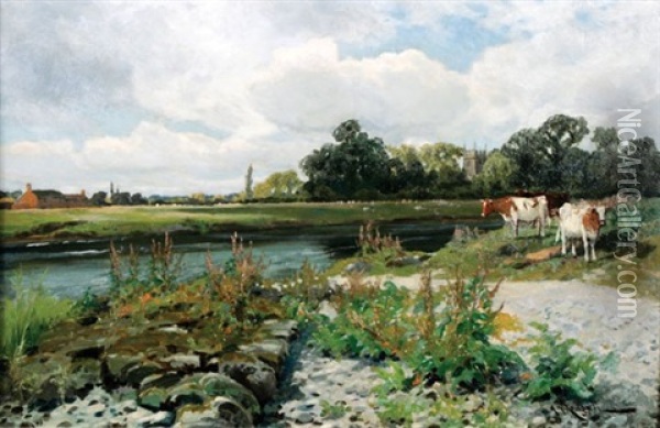 Cattle By A River, Shardlow-on-trent Oil Painting - Arthur William Redgate