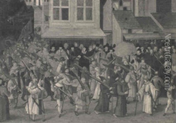 La Procession De La Ligue A Paris En 1590 Ou En 1593 Dans   La Rue Du Marche Oil Painting - Francois Bunel the Younger