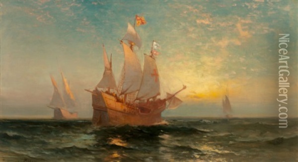 Galleon At Sunset Oil Painting - Edward Moran