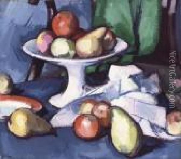 Still Life With Fruit Against A Blue Background Oil Painting - Samuel John Peploe