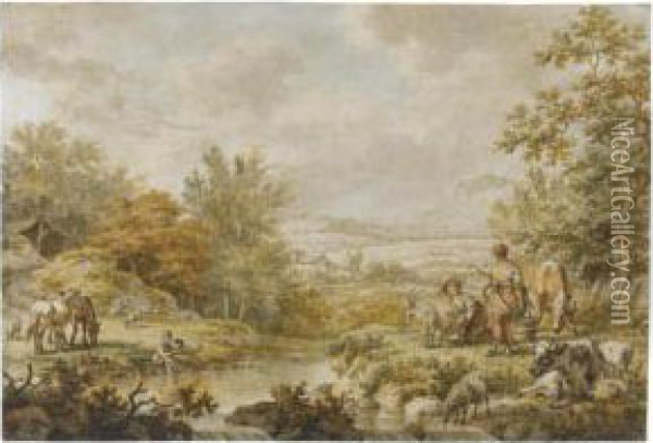 A River Landscape With Farm Animals Grazing And Two Milk Maids Oil Painting - Jacob Cats