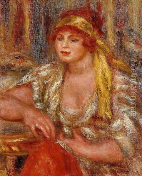 Andree In Yellow Turban And Blue Skirt Oil Painting - Pierre Auguste Renoir