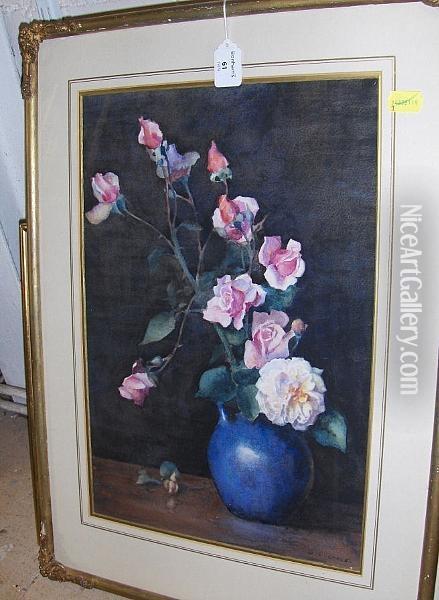 Still Life Of Roses In A Blue Jug Oil Painting - William Arthur Chase