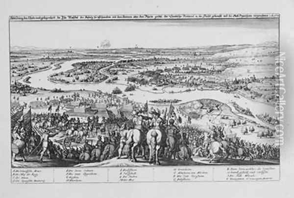 Crossing of the Rhine by the Protestant Swedish troops and the Conquest of Oppenheim on 7 November 1631 from Theatrum Europaeum Volume II 1633 Oil Painting - Matthaus the Elder Merian