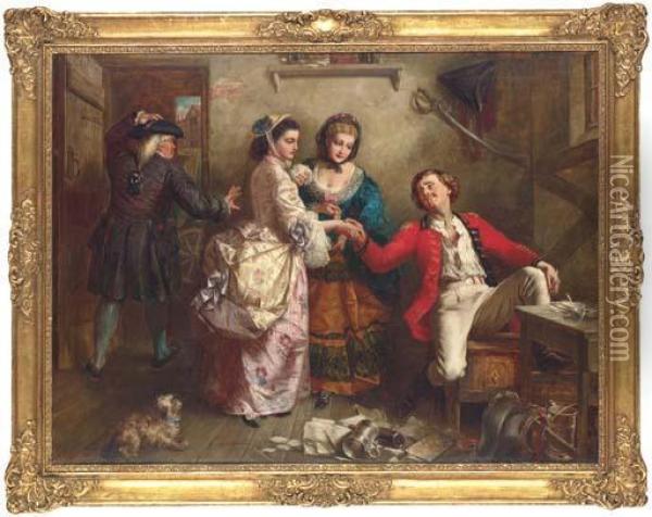 Probably Oliver Goldsmith Discovering His Mistake. 'olivergoldsmith, Having Mistaken A Gentleman's House For An Inn,discovers His Error On Offering Gratuities To The Family Who Hadwaited On Him, Next Morning' Oil Painting - Thomas Frank Heaphy