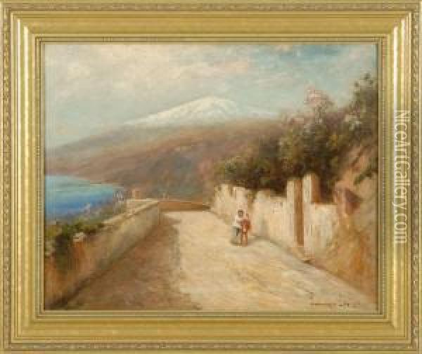 Walking Home, Depicting A Man 
And A Donkey Walking Uphill With Distant Mountain And Ocean Oil Painting - Edward B. Gay