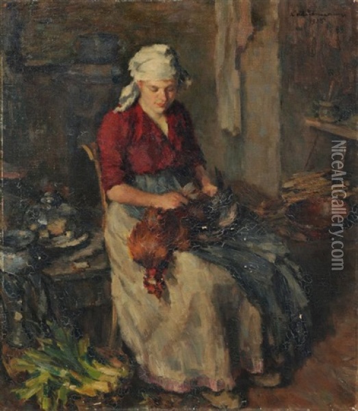 Magd Beim Huhnerrupfen Oil Painting - Ludwig Muhrmann