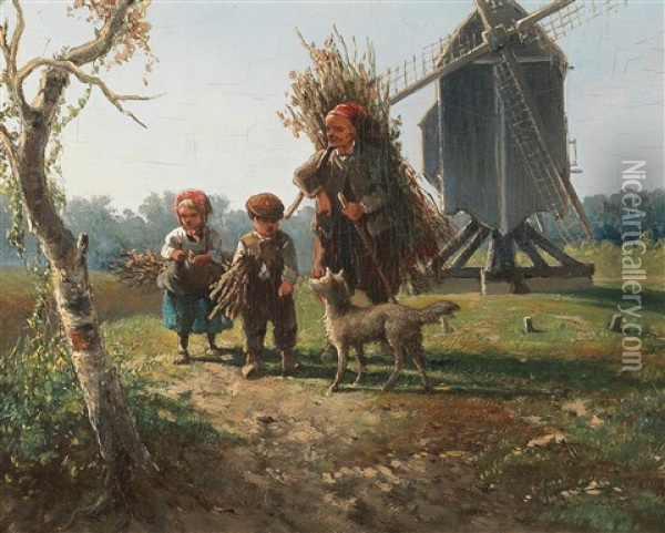 Brushwood Gatherers By A Windmill Oil Painting - Jan Geerard Smits