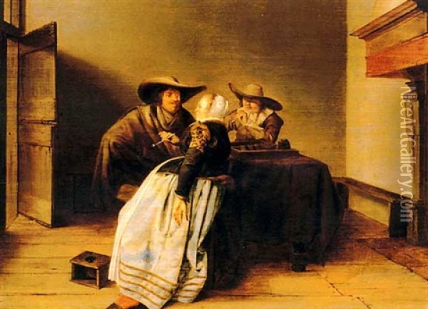 An Interior With Two Soldiers And A Lady Oil Painting - Pieter Jacobs Codde
