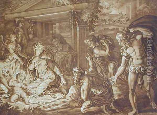 The Adoration of the Shepherds, engraved by Elishah Kirkhall (1682-1742) 1724 Oil Painting - Perino del Vaga (Pietro Bonaccors)