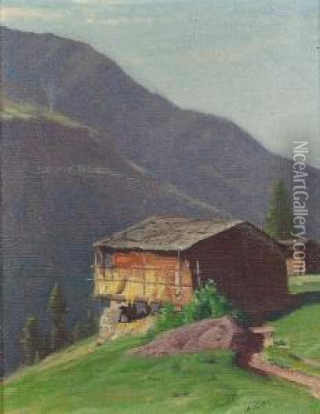 Chalet In Den Alpen. Oil Painting - Albert H. Gos