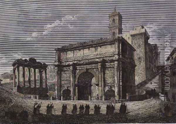 Arch of Septimus VI, The Forum, Rome c.1850 Oil Painting - Gaetano Cottafavi